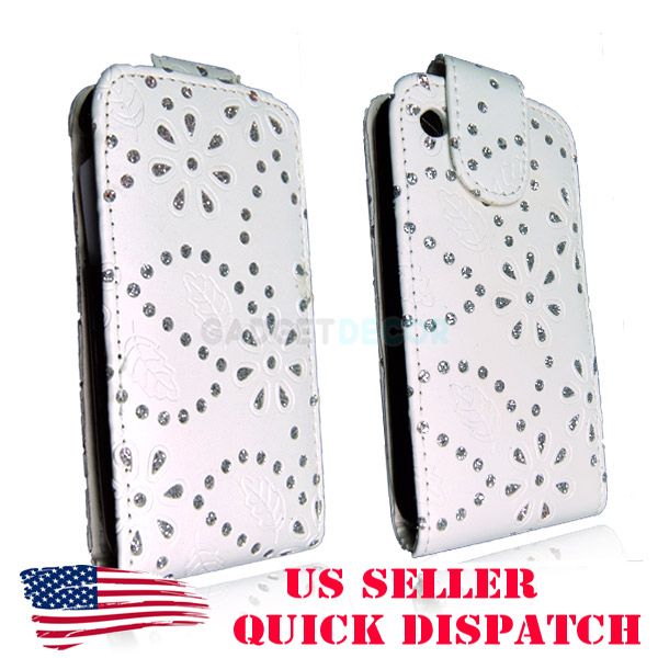 FOR APPLE IPHONE 3 3G 3GS NEW WHITE DIAMOND BLING LEATHER FLIP POUCH 