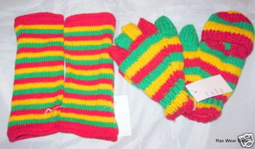 NEW RASTA REGGAE JAMAICA GLOVE MITTEN ARM WARMER SET  