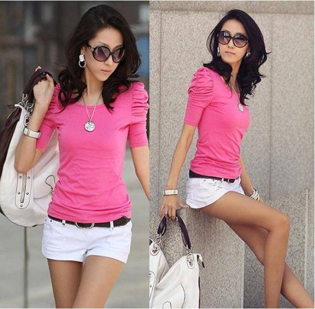 Colors  Women Bubble Short Sleeve Solid Casual Stretchy T shirt Tops 