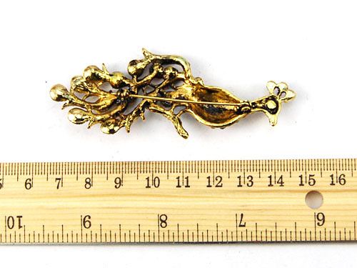   Crystal Rhinestone Brass Gold Tone Oriental Bird Peacock Pin Brooch