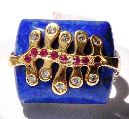 FANTATSIC 14KT LAPIS LAZULI RUBY DIAMOND VICTORIAN RING  