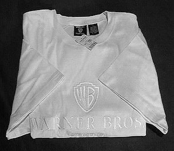 WARNER BROS TEE SHIRT WB WARNER BROTHERS WHITEonWhite EMBROIDERY LARGE 