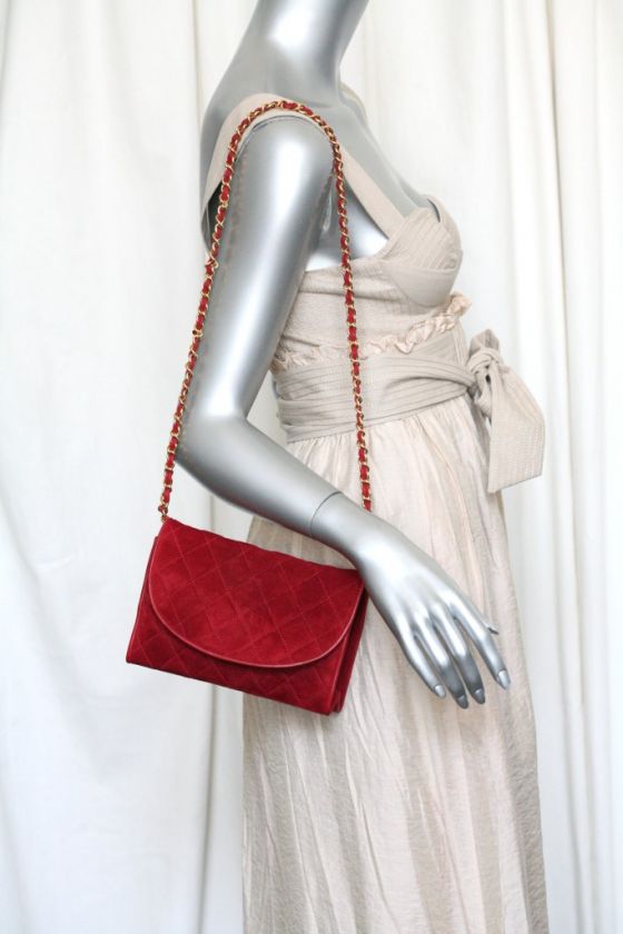 CHANEL Red Suede Quilted Flap+Tassel Chain Bag Handbag  