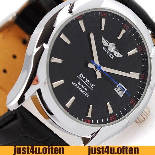 Casual Newest Black Leather Calendar Mens Mechanical Selfwind Wrist 