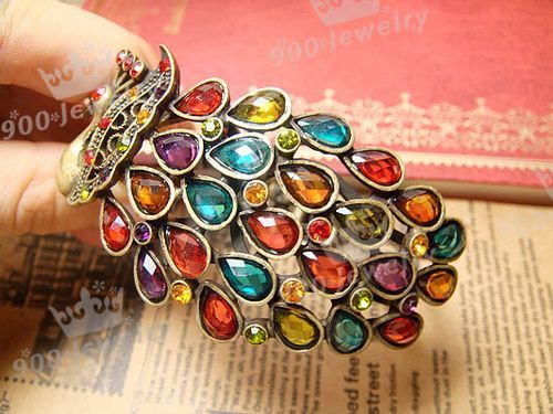 Antiqued Bronze Crystal Peacock Bangle Cuff Bracelet Rhinestone 