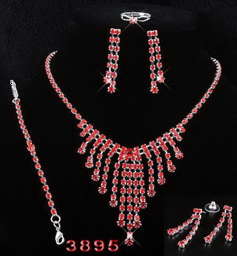 4Styles Necklace Bracelet Earrings Ring Set Inlay Red Czech Rhinestone 