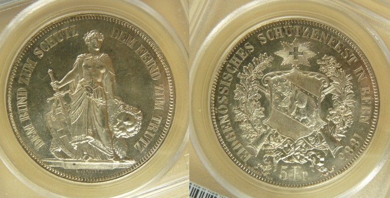 Swiss Shooting Thaler 5 Fr, 1885, PCGS MS64, Bern  