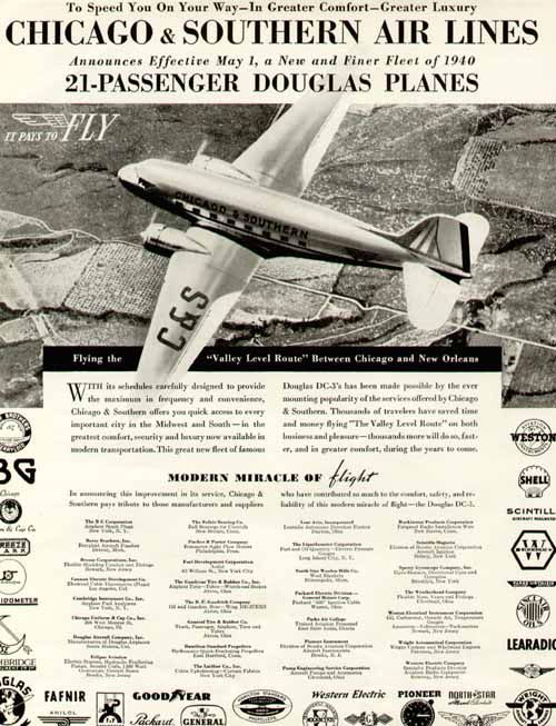 RARE CHICAGO & SOUTHERN AIRLINES DC 3 PLANE IN 1940 AD  