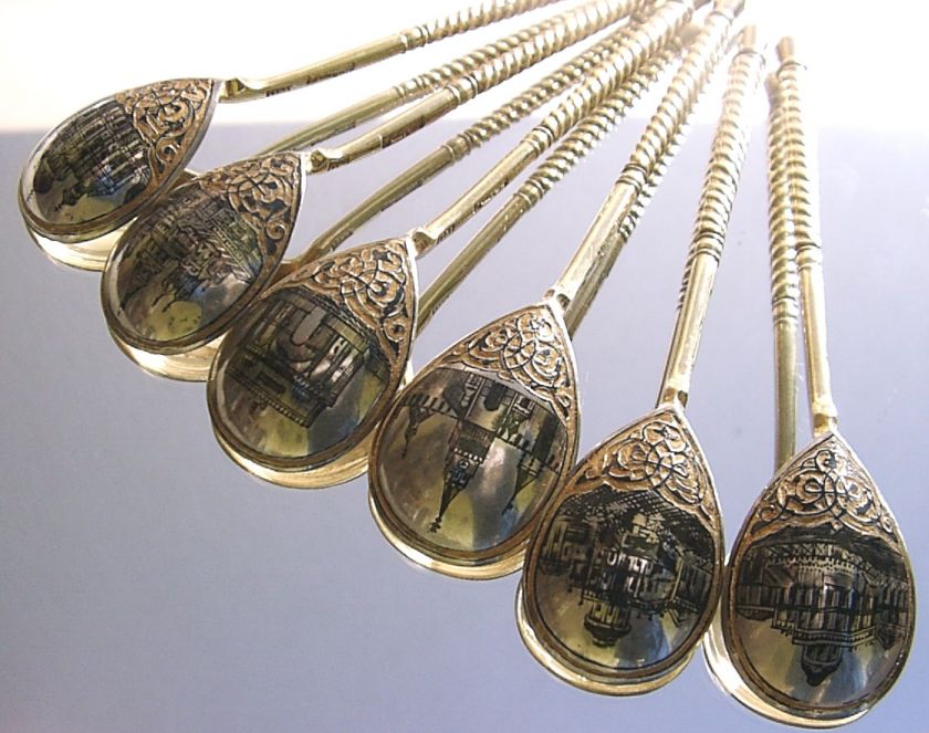 Russian antique SILVER GILT & NIELLO Kremlin churches six spoons set 