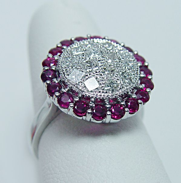 Killer Colorless Princess Diamond Gem Ruby Ring 18K White Gold Estate 