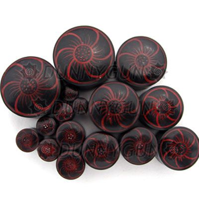 0G RED & BLACK FLOWER BLACK HORN PLUGS 0 gauge earring  