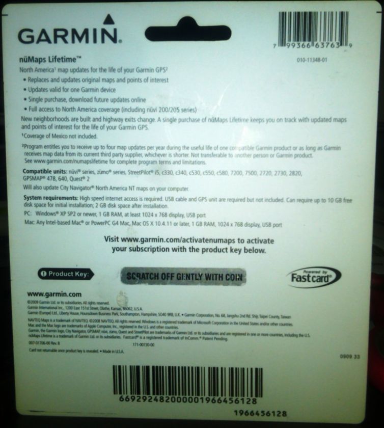 Garmin Numaps Lifetime update card with product key needs activation 