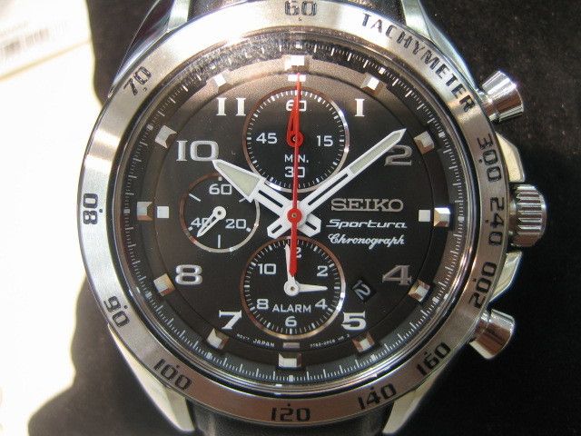 SEIKO SPORTURA MENS WATCH CHRONO ALARM SAPPHIRE STAINLESS S LEATHER 