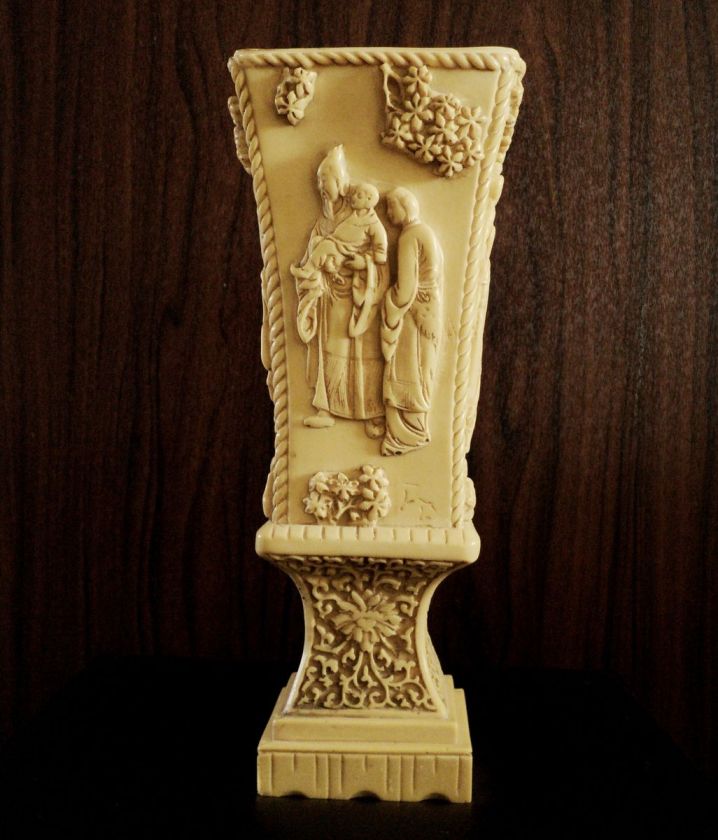   Faux Ivory Antique Sculptured Vase, Casting & Hand Carving  