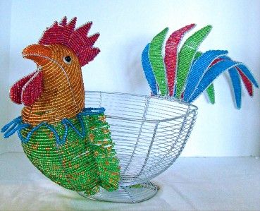 Rooster Basket Holder Wire & Glass Beaded Figurine NEW  