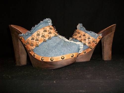 Denim Leather & Brass Clogs Platform High Heel Shoe 8.5  