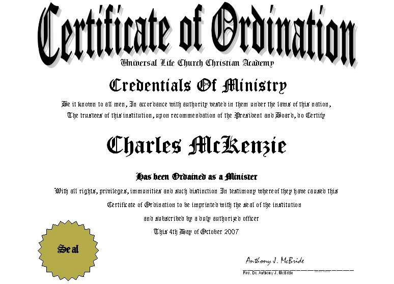 FS Deluxe Ordination Certificate License Be a Ordained Minister Pastor 