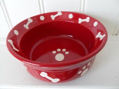 RED CERAMIC BONE DECORATED DOG FOOD OR WATER BOWL DISH  