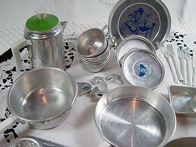 Vintage Mirro Aluminum Toy Bake Cook Serve Kitchen Dish Set Original 