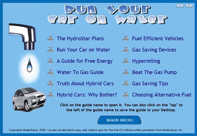 Run car on Water To Gas Hydrogen Generator Plans HHO  