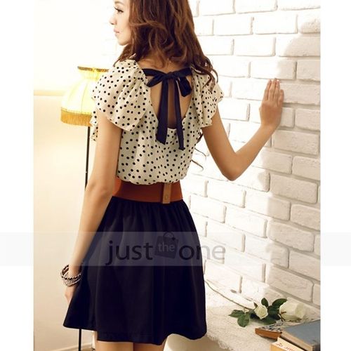   Sleeve Chiffon Dots Polka Waist Top Mini Dress Size S 4 6 8  