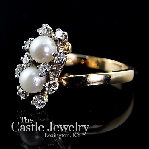 LADIES DOUBLE PEARL & .25 CT DIAMOND COCKTAIL DINNER RING 14K YG JUNE 