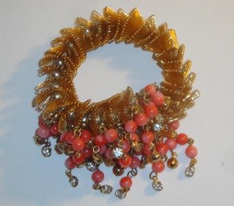 VINTAGE MIRIAM HASKELL GENUINE CORAL CLUSTER DANGLE BRACELET  