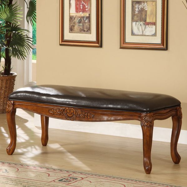 English Style Antique Oak Finish and Bi cast Leather Bench  