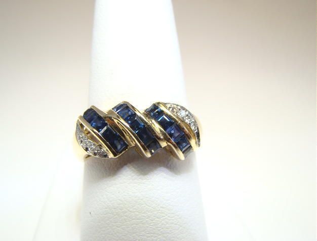 Blue Sapphire Dome Ring 14K Yellow Gold Three Row, Nice  