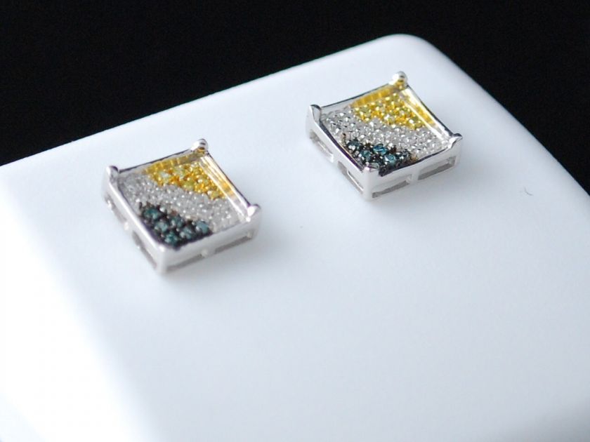   WHITE GOLD WHITE & BLUE & YELLOW DIAMOND SQUARE STUDS EARRINGS  