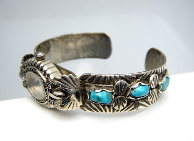 Vintage Turquoise Watch Band Bracelet Hand Wrought  