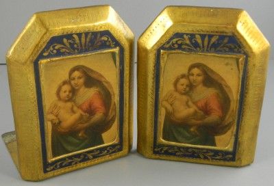 Italian Toleware Gold Florentine Bookends Madonna Vintage  