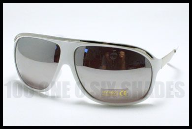 Retro Plastic Sporty Aviator Sunglasses WHITE with Mirror Lens